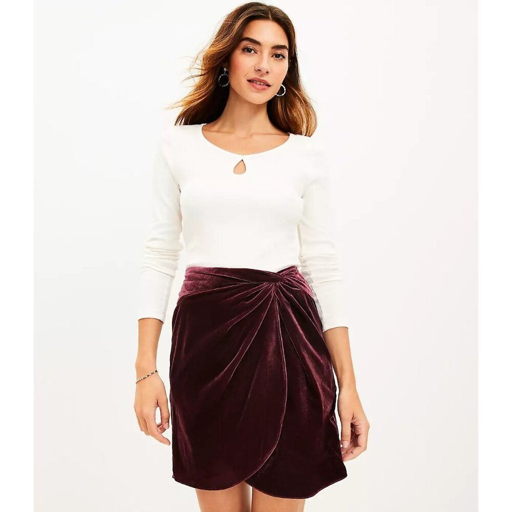 NEW Ann Taylor LOFT High Waisted Velvet Twist Shift Skirt Burgundy Womens Size 0